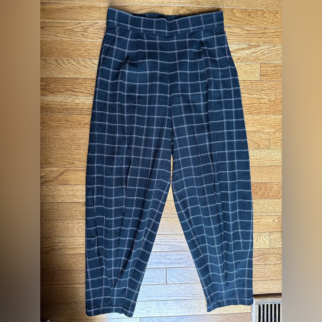Adolfo Dominguez Grid Pattern Crinkle Barrel Pant Sz S
